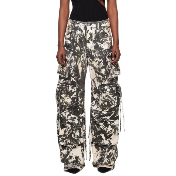 The Attico Denim - The Attico Fern black cream white abstract camo print wide leg cargo jean pants